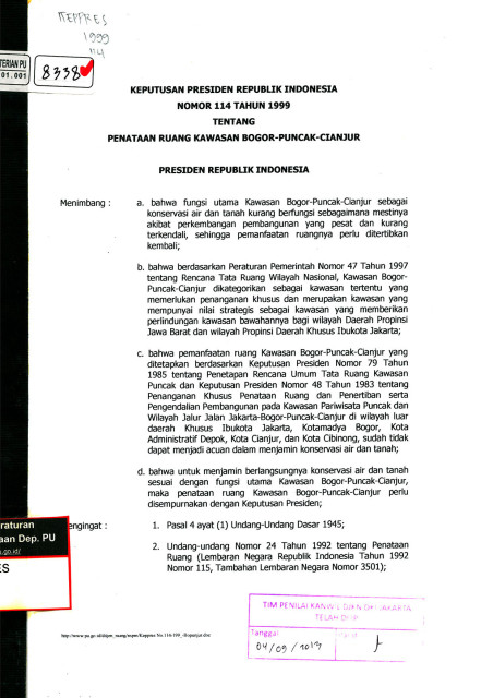 Keputusan Presiden Republik Indonesia No. 114 Tahun 1999 tentang Penataan Ruang Kawasan Bogor-Puncak-Cianjur - 