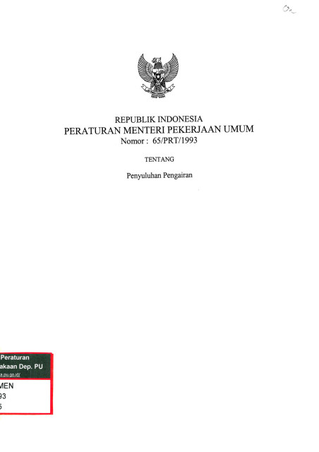 Peraturan Menteri Pekerjaan Umum Nomor: 65/PRT/1993 tentang Penyuluhan Pengairan - Departemen Pekerjaan Umum