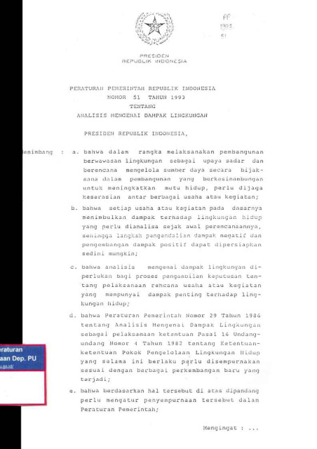 Peraturan Pemerintah Republik Indonesia Nomor 51 Tahun 1993 Tentang Analisis Mengenai Dampak Lingkungan - 